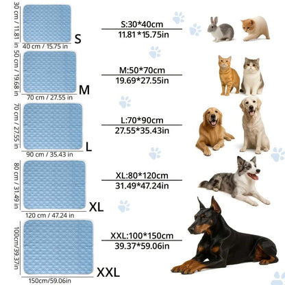 Size chart for pet mats with various animals and dimensions