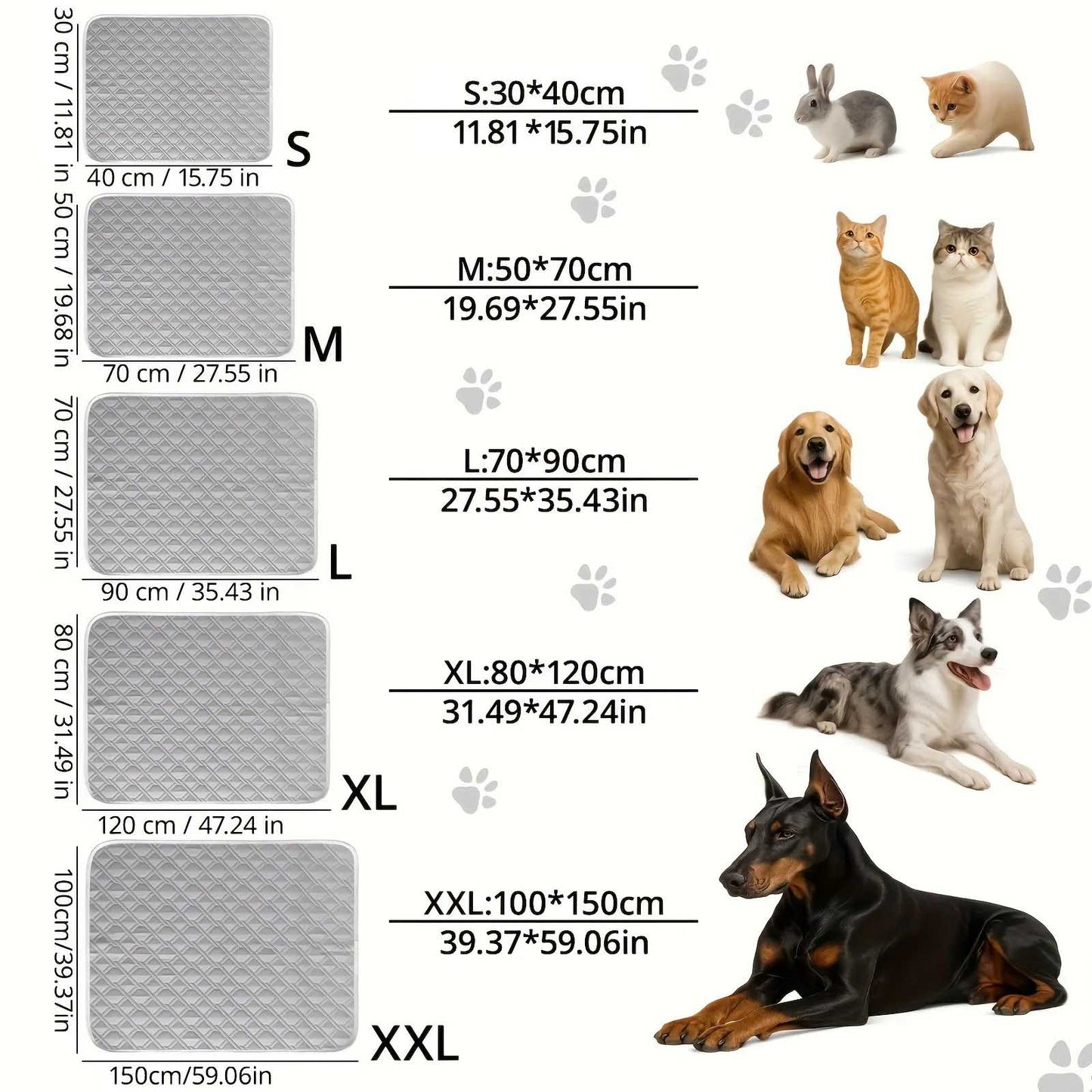 Size chart for pet mats with various animals and dimensions