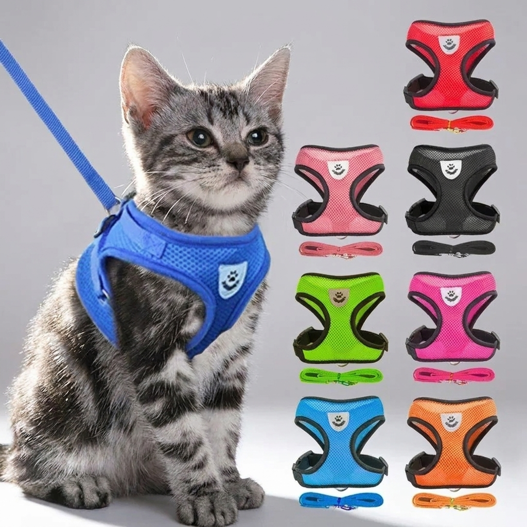 Adjustable Mesh Cat & Dog Harness Vest with Leash – Escape-Proof